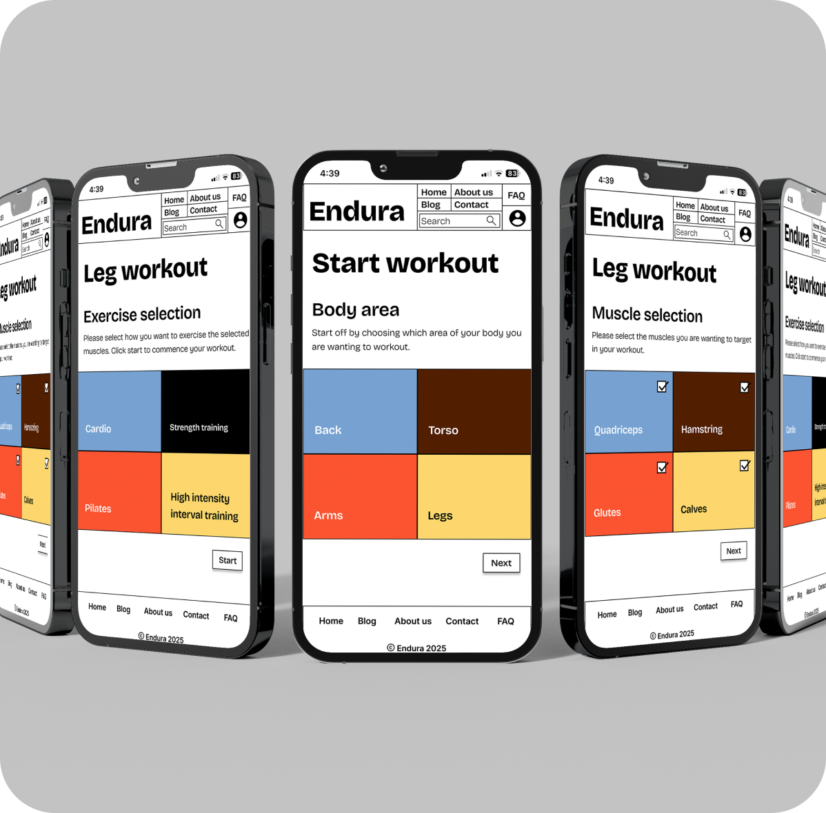 Multiple phone screens showing Endura workout screens on grey background