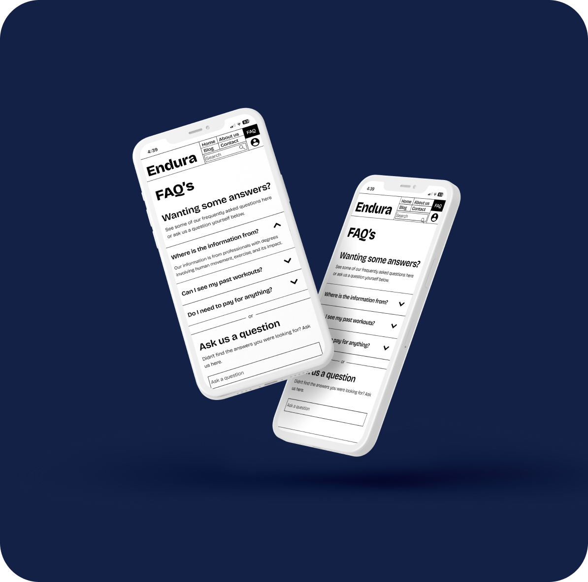 Navy background with phone mockups showing FAQ screens