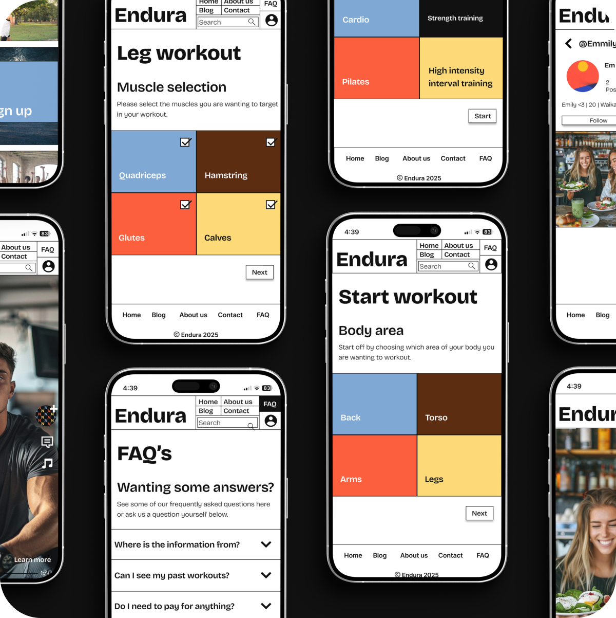 Multiple phone screens showing Endura app screens