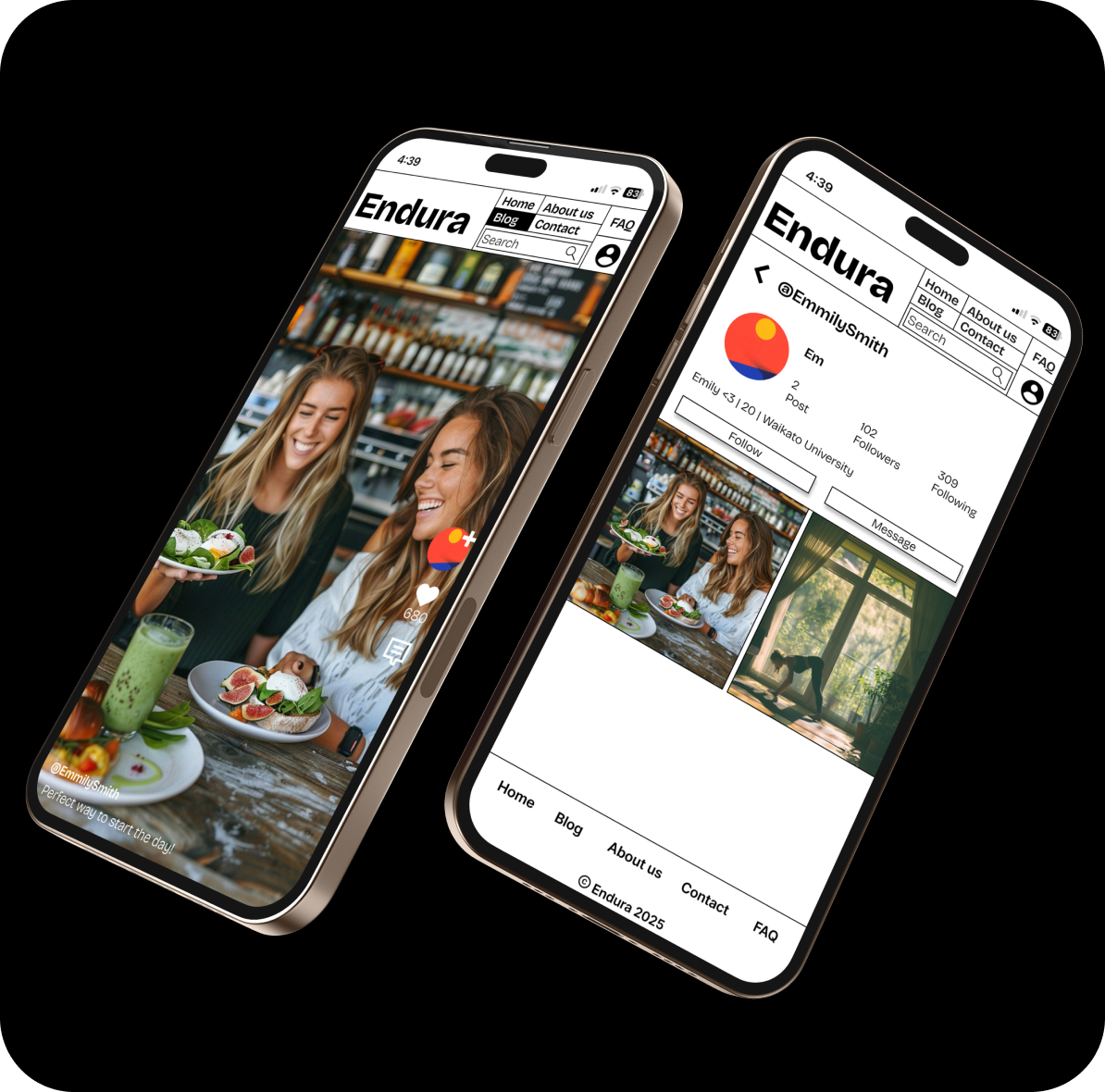 Black background with two phone mockups showing Endura community screens
