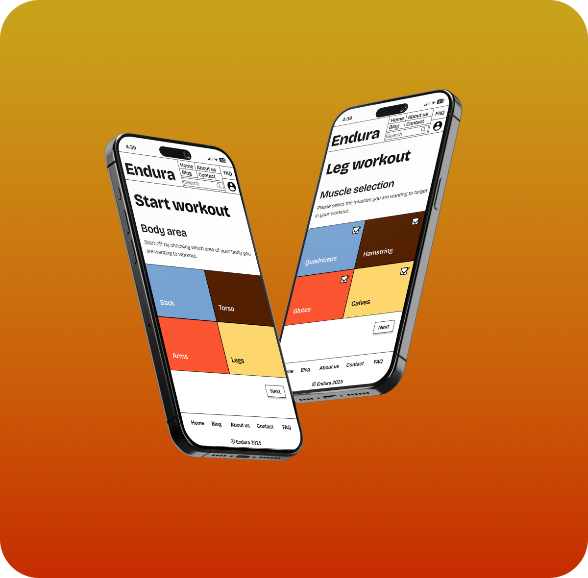 Orange gradient background with two phone mockups showing Endura workout screens