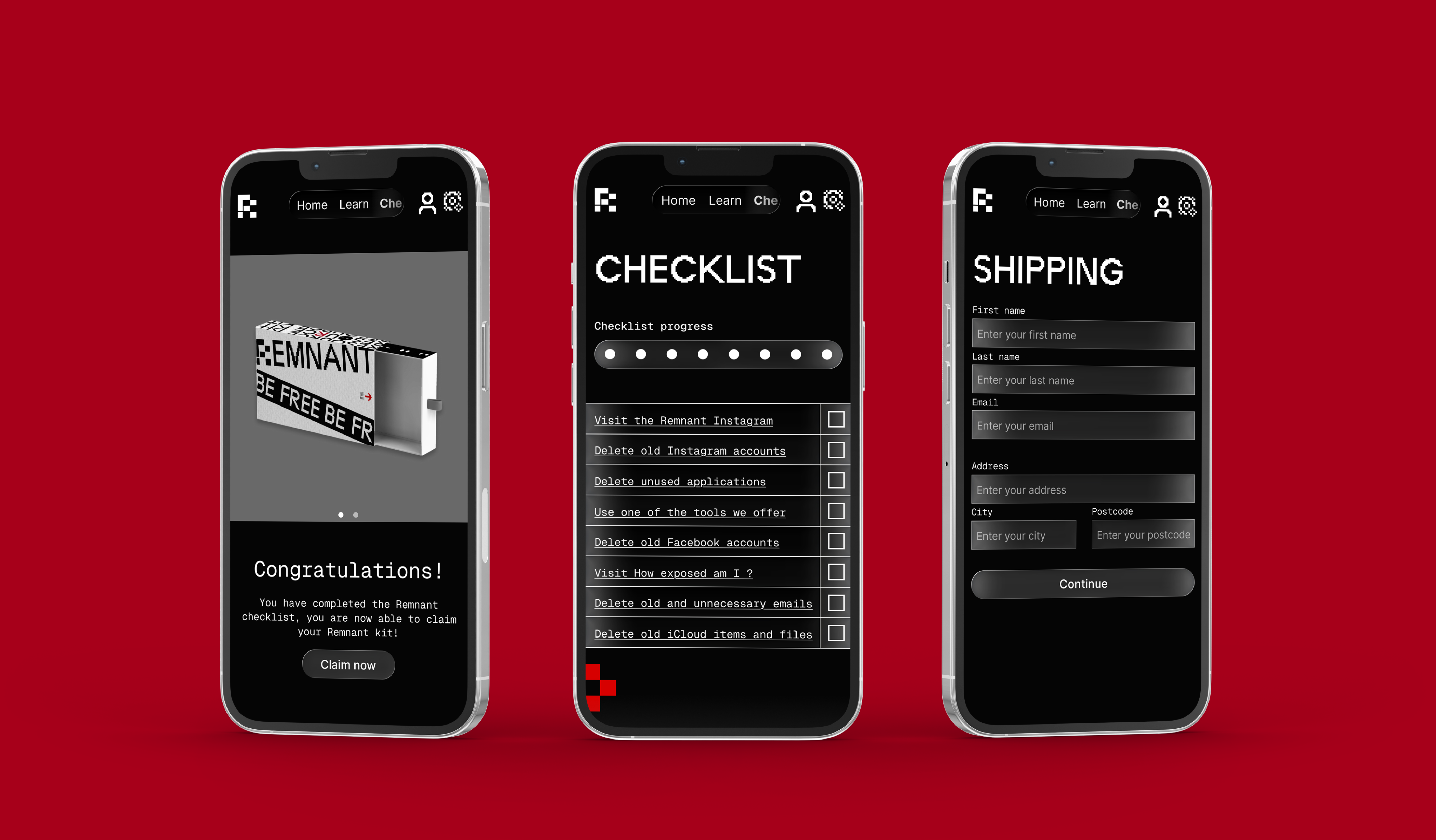 Phones showing CHECKLIST and SHIPPING screens