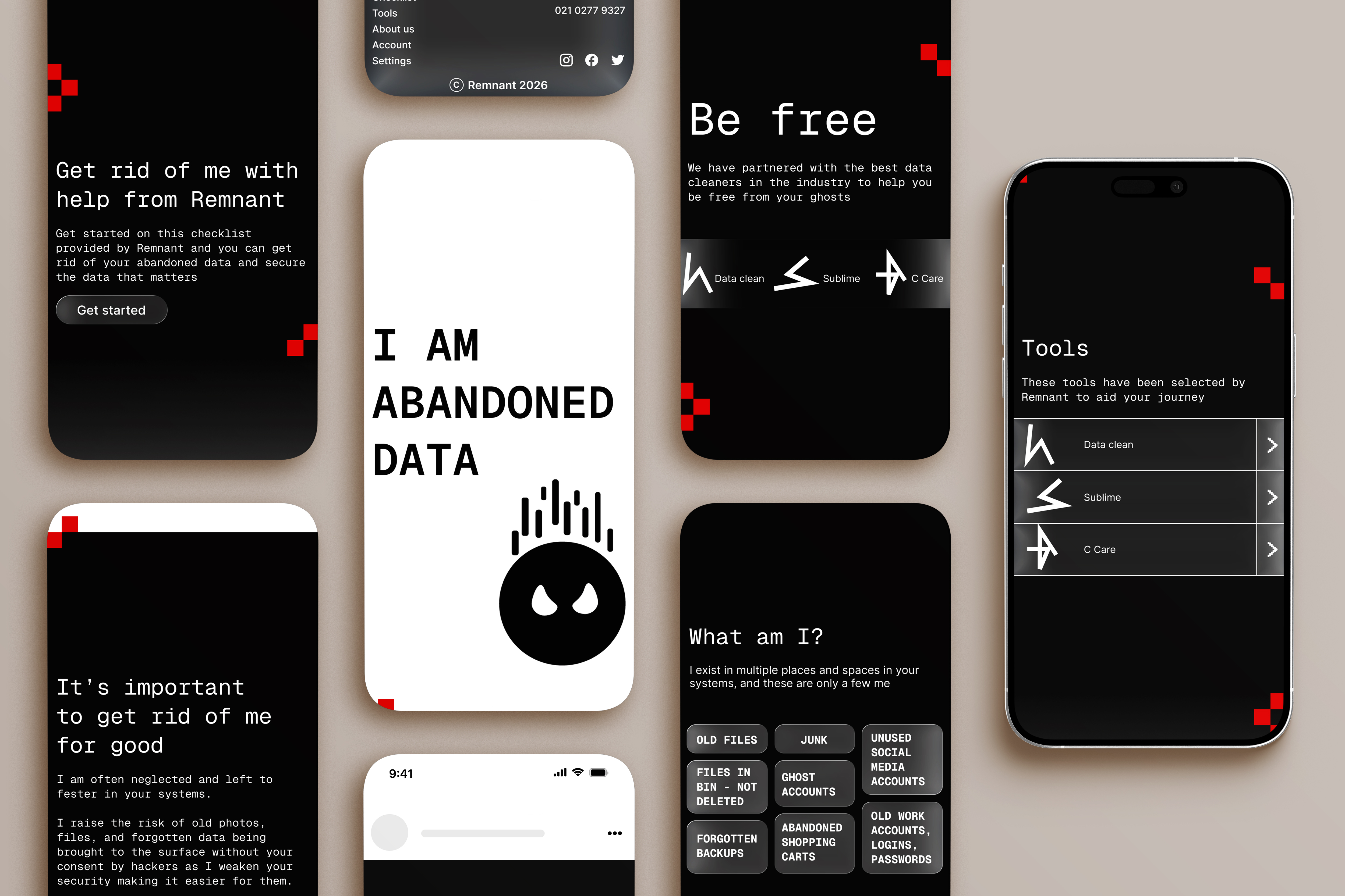 Phones showing I AM ABANDONED DATA and Be free screens