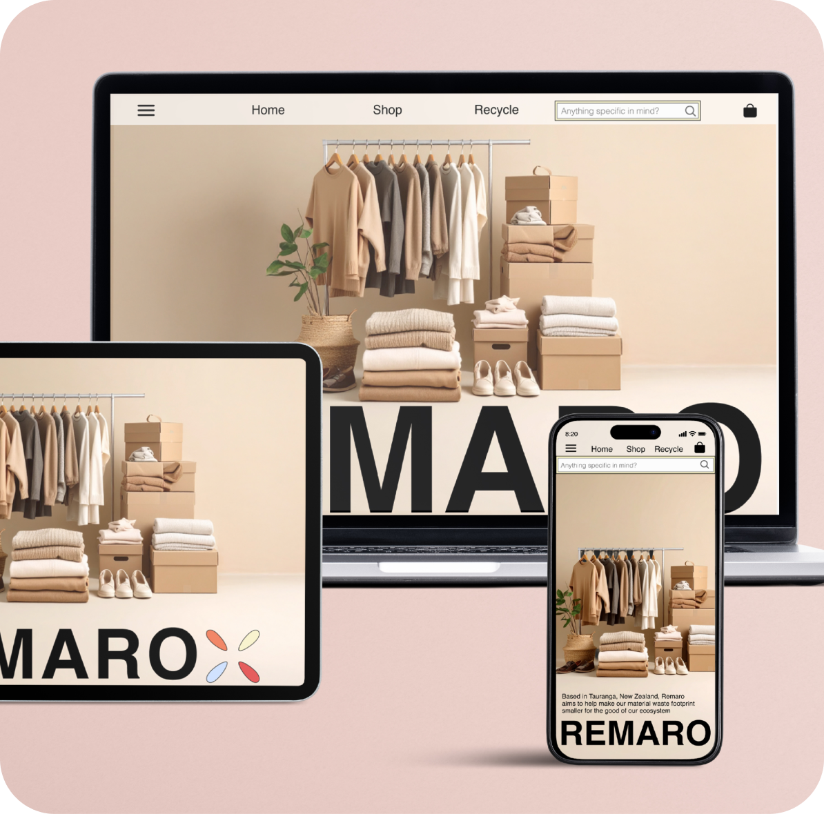 Laptop, tablet and phone mockups showing Remaro on pink background
