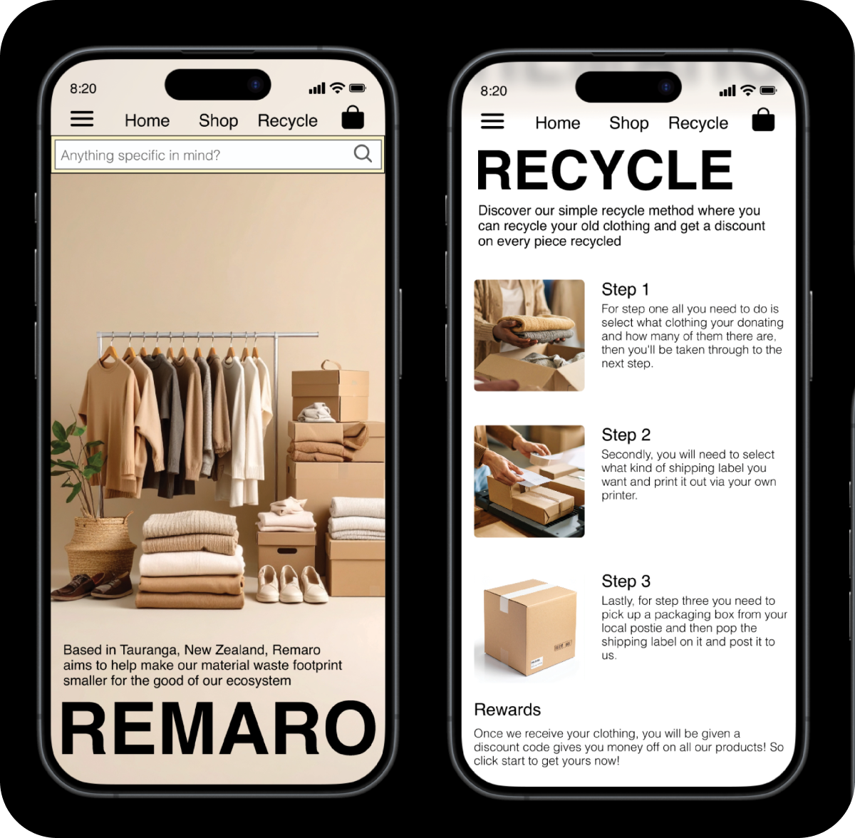 Two phones showing Remaro home and Recycle screens