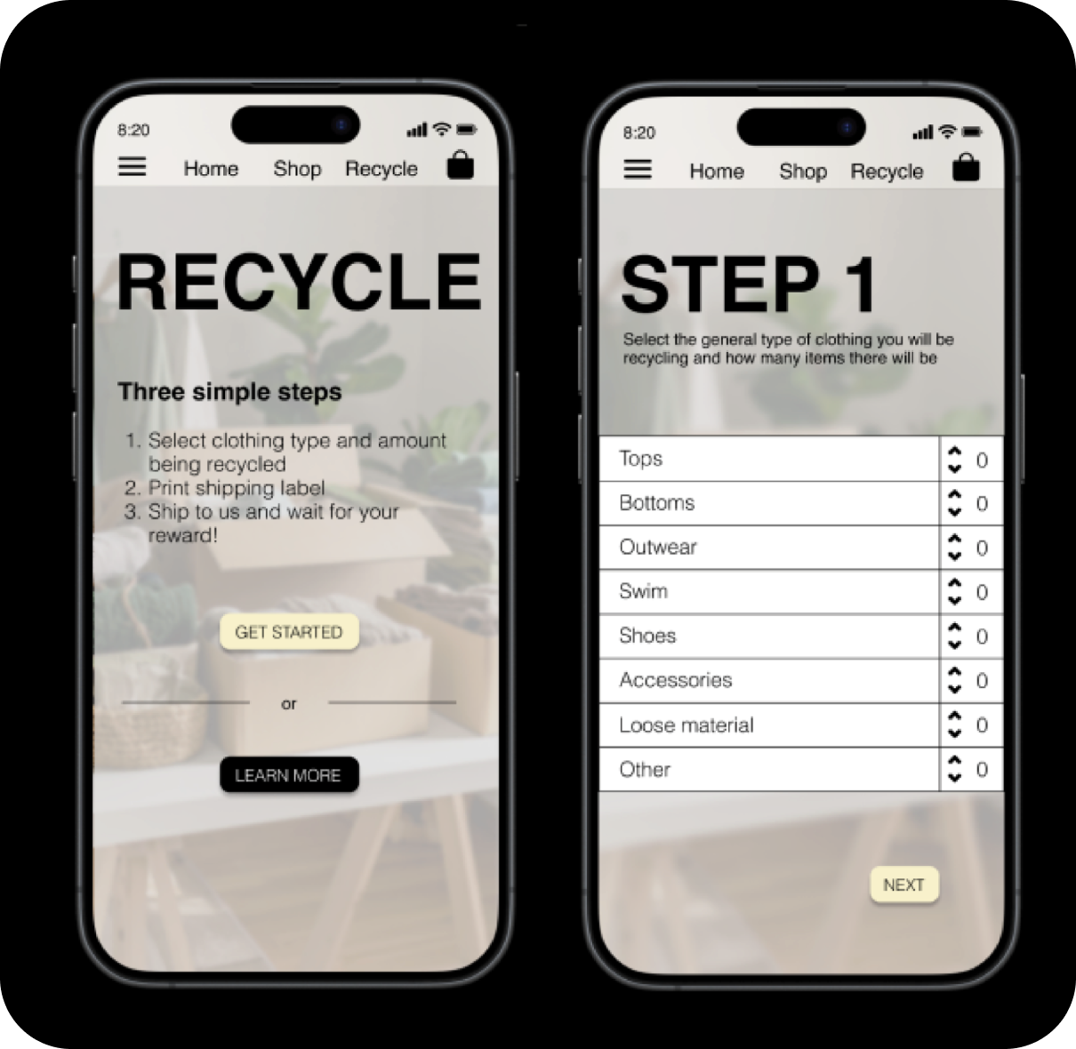Two phones on black background showing Recycle and Step 1 screens