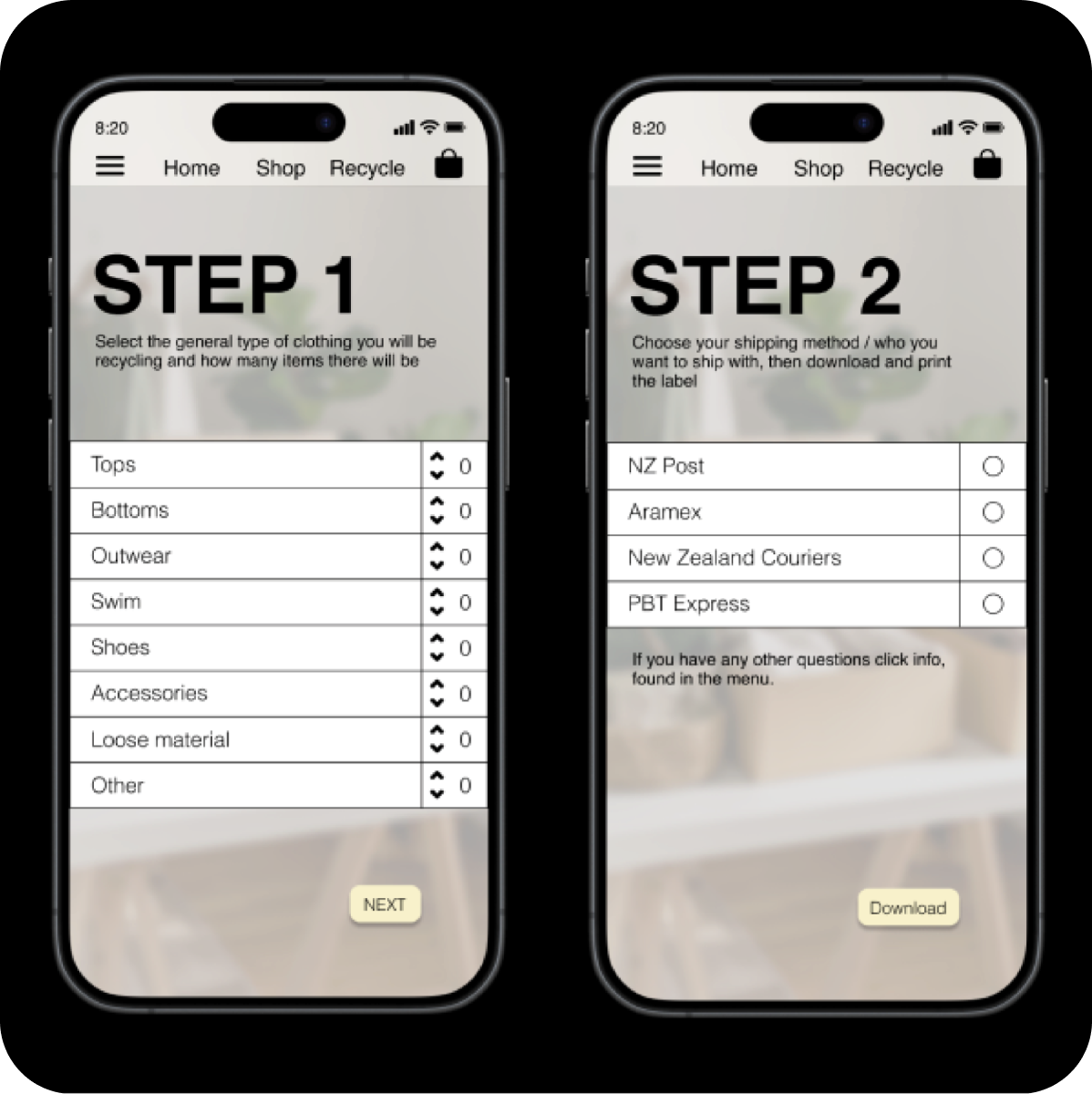 Two phones on black background showing Step 1 and Step 2 screens
