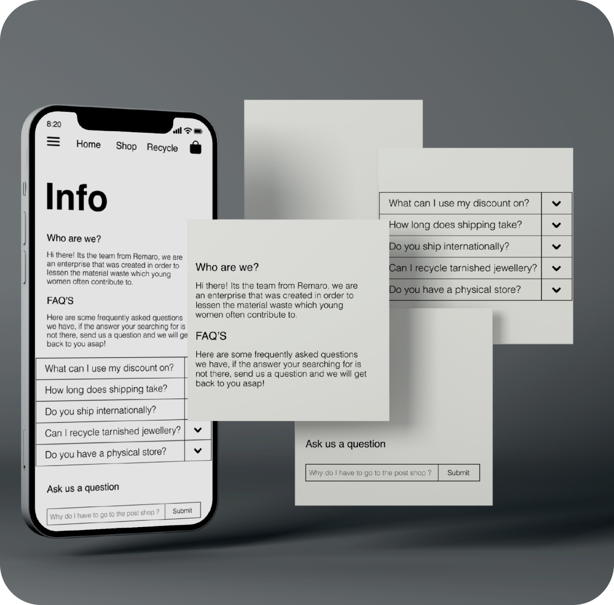 Phone mockups on dark grey background showing Info and FAQ screens