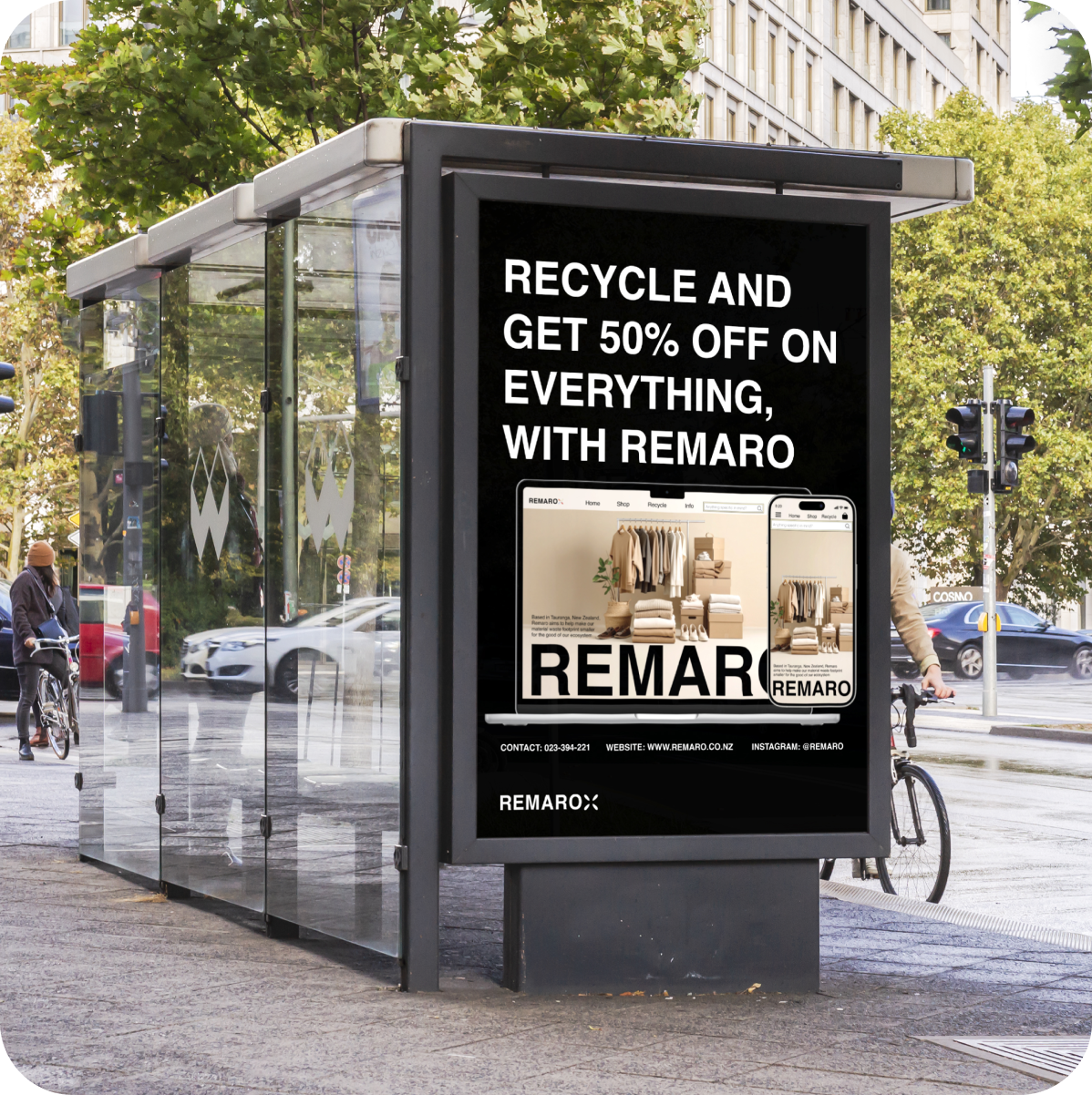 Bus stop with Remaro billboard advertisement
