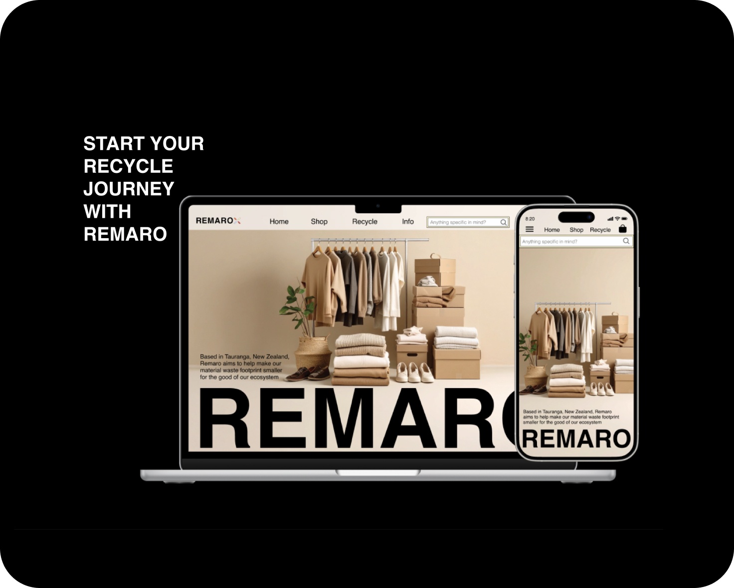 Black background with laptop and phone showing Remaro website