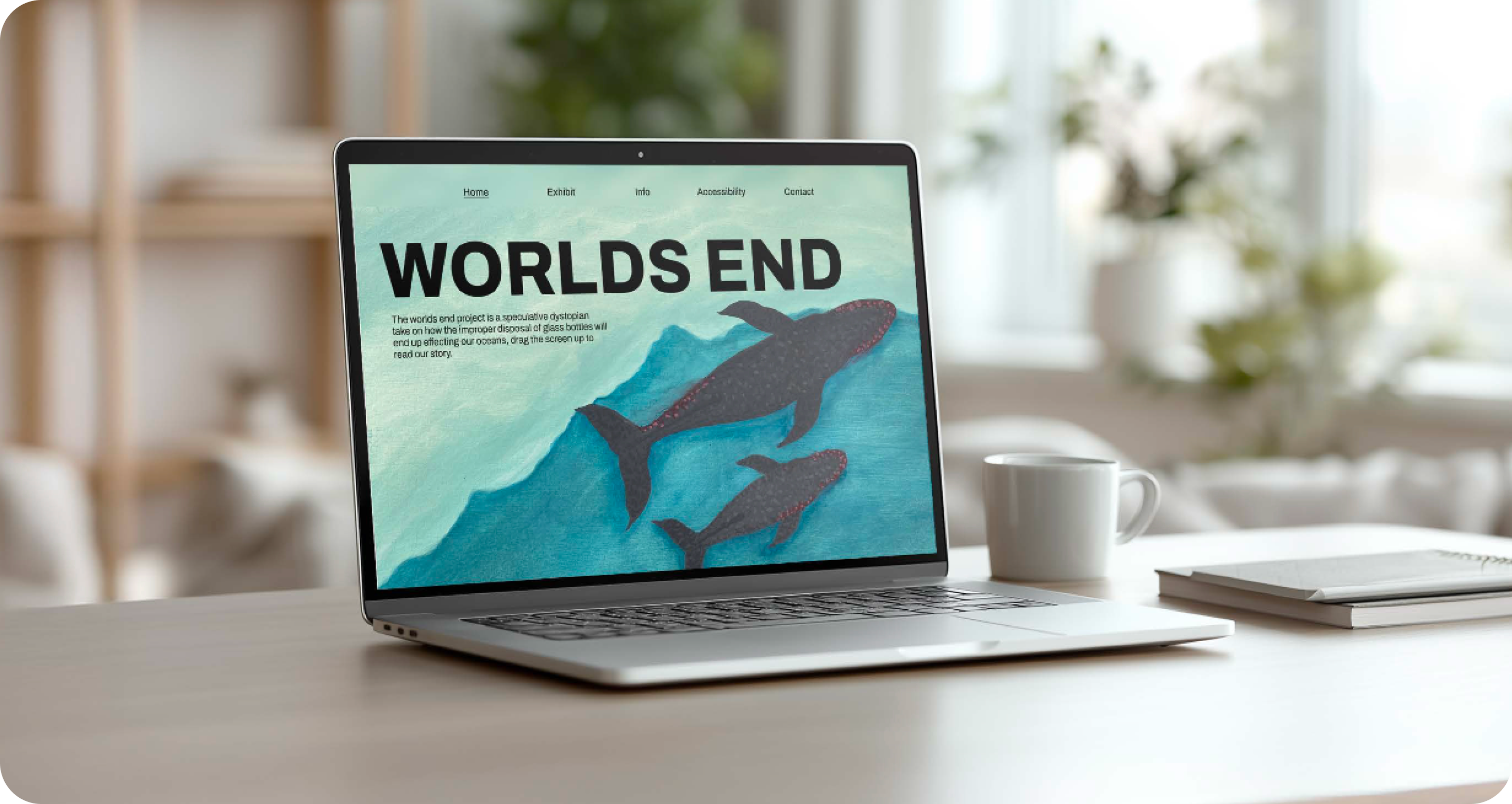 Laptop in living room showing Worlds End website