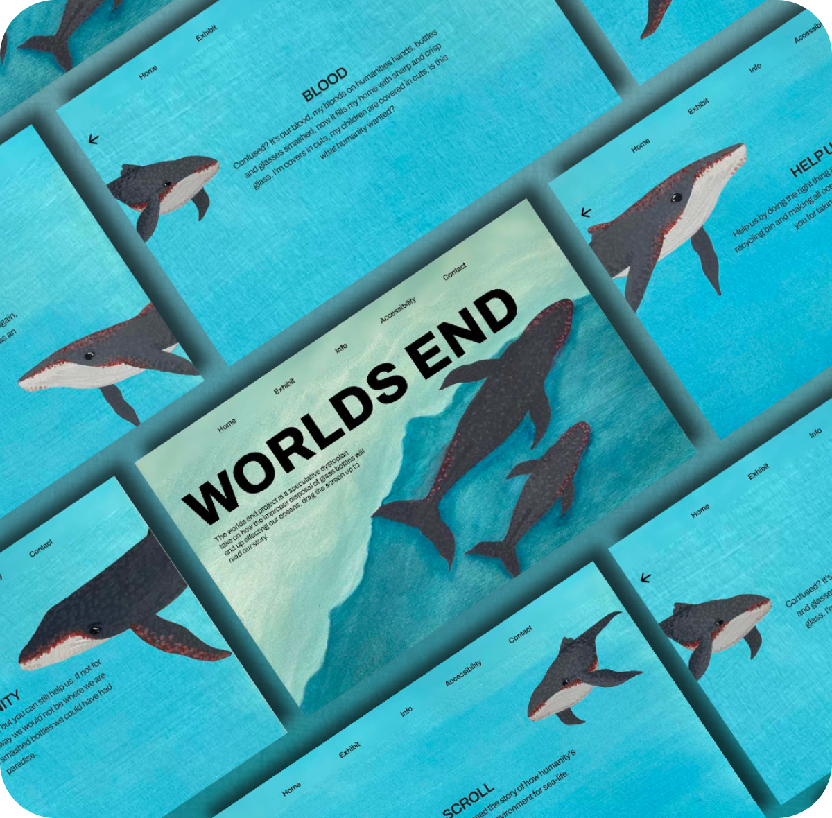 Collage of Worlds End screens at angle